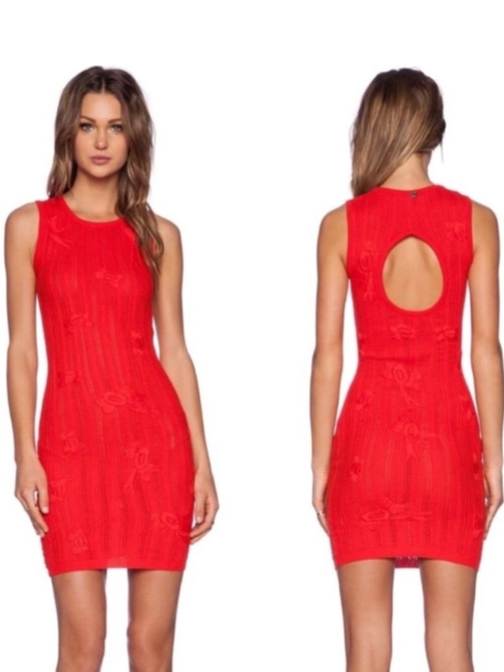 For Love & Lemons Knitz Dress Mini Knit Embroidered Floral Sleeveless Red Small